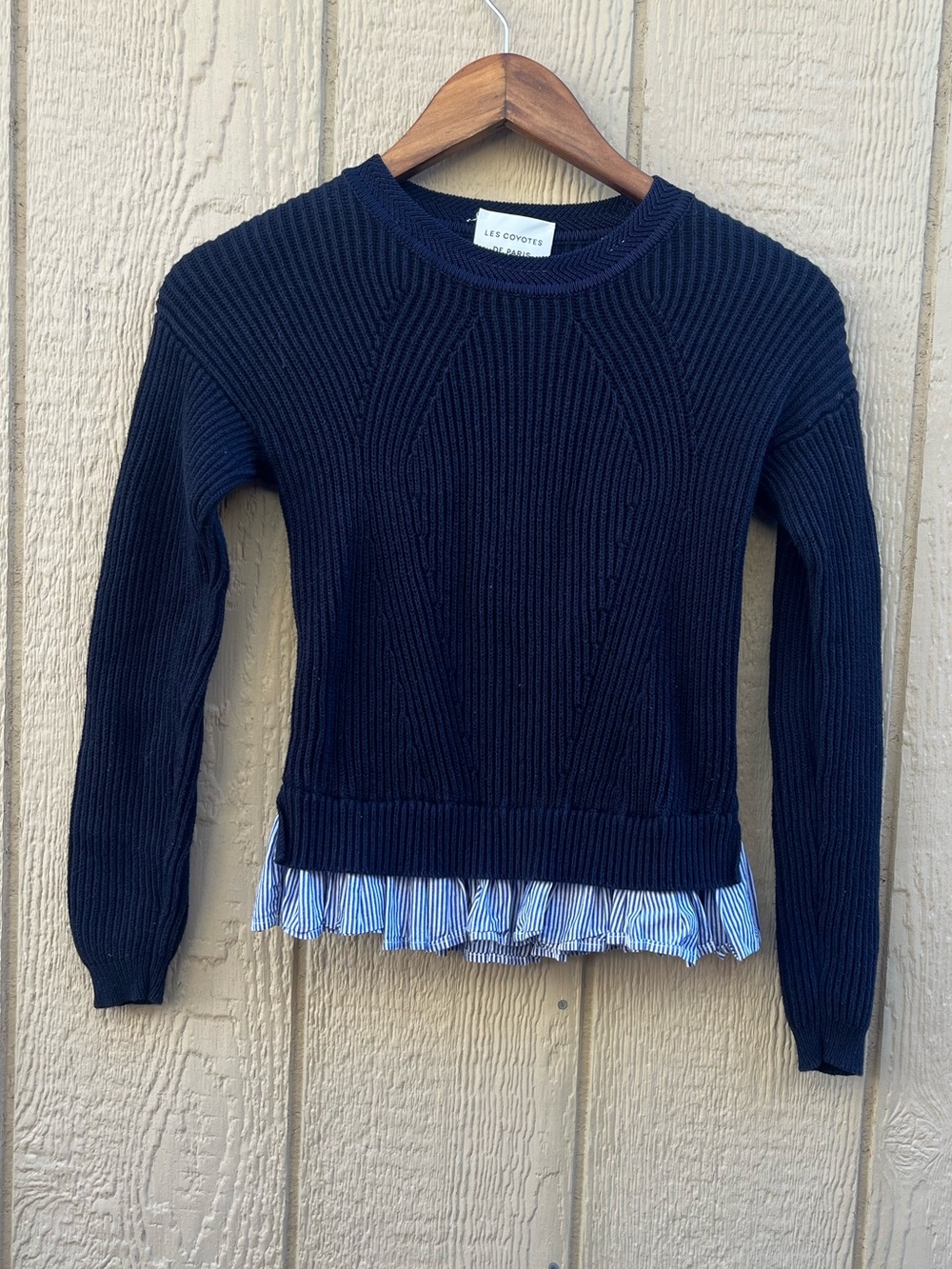 Les Coyote De Paris Navy Ribbed Crewneck Sweater with Striped Ruffle Hem 10